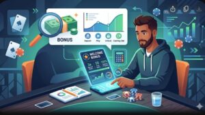 Современная иллюстрация с покерными фишками и смартфоном для анализа приветственных бонусов начинающих игроков