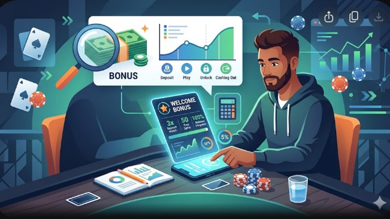 Современная иллюстрация с покерными фишками и смартфоном для анализа приветственных бонусов начинающих игроков