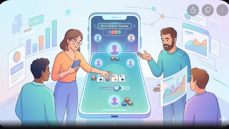 Иллюстрация в современном стиле о стратегии игры в покерных турнирах с микро-стейками